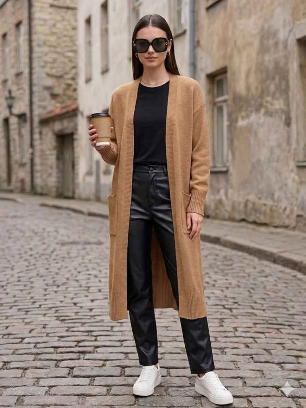 French Connection Tan Longline Knit Cardigan, womens Small